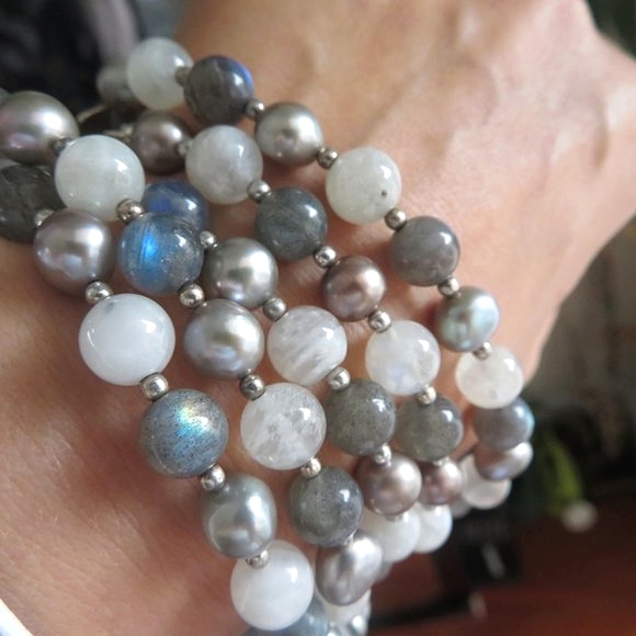 Stunning Extra LONG Moonstone Labradorite Pearl Sterling Silver Necklace - Picture 13 of 16